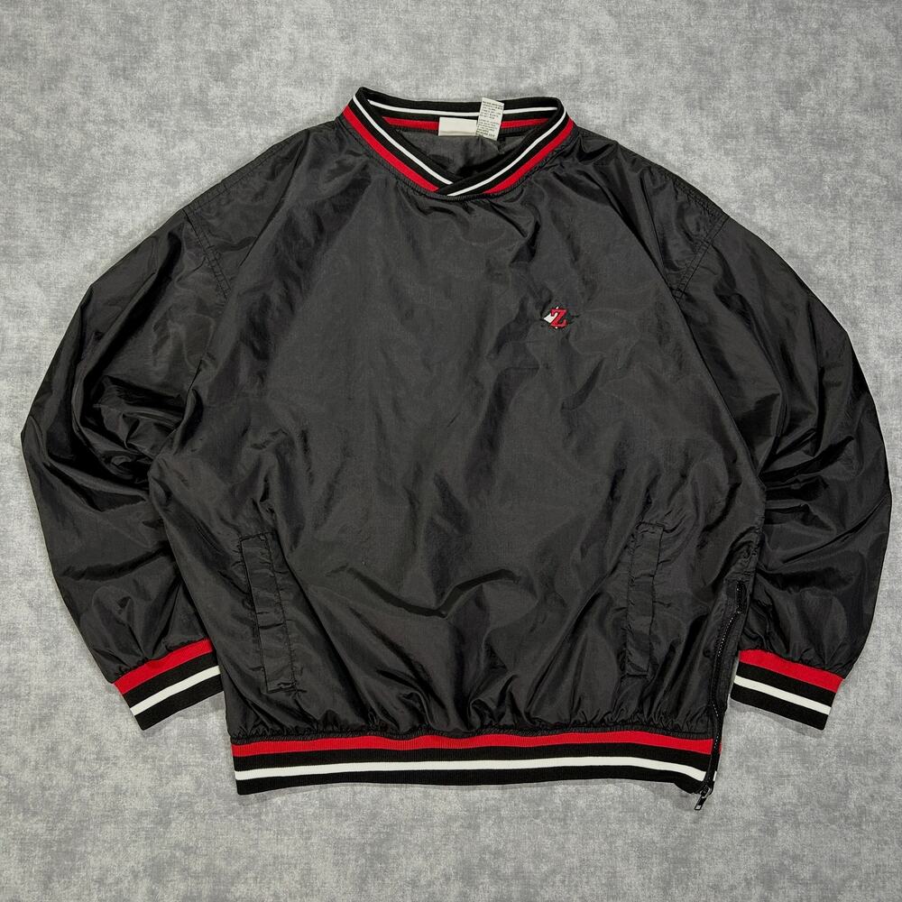 Vintage Jerzees V-Neck Windshirt Pullover Jacket Pockets Mens Large Black Red